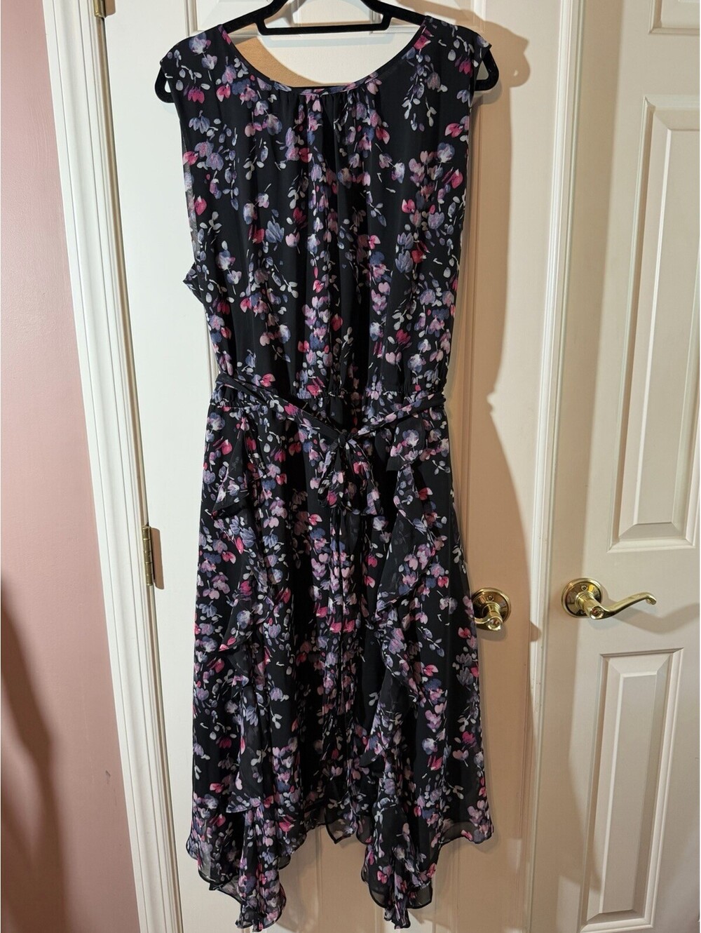 Lane Bryant Floral Handkerchief Dress Womens 26 Ruffle Black Feminine Lined